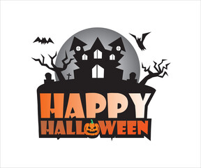 Happy Halloween Card Template, Mix of Various Spooky Creatures, Moon and Castle, Illustration.