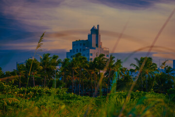 Miami Beach  skyline at sunset florida vacation building  ocean drive 