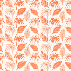 Fototapeta na wymiar Coral Color Tropical Palm Tree Leaves Vector Seamless Pattern. Hand Drawn Doodle Palm Leaf Sketch Drawing. Summer Floral Background. Tropical Plants Wallpaper 