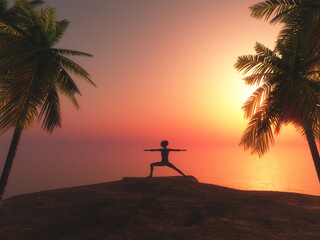 3D female in yoga position against tropical sunset landscape