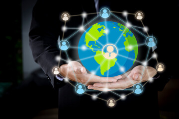 Businessman  using globe network hologram connection business people on world wide