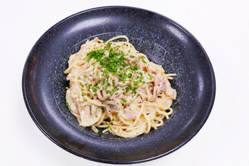 spaghetti carbonara pasta with bacon in rich creamy sauce