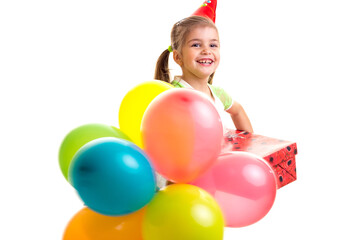 Fototapeta na wymiar Little cheerful girl celebrating birthday with multicolor ballons