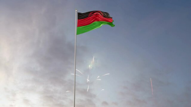 Malawi Flag With Fireworks Background With Different Angle Of Movement  -3D rendering 