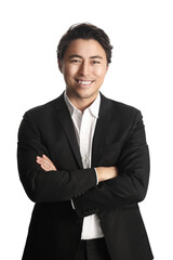 A vibrant and handsome Asian business
partner giving a confident smile wearing a black suit and
white collared shirt with his arms crossed against his chest
on white background.