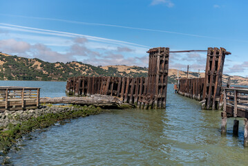 Martinez waterfront Marina wooden boat gate, California, USA