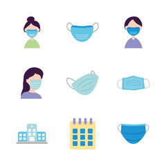 Fototapeta premium medical mouth mask and medical care icon set, flat style