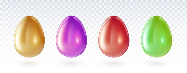 Easter realistic golden, purple, red, green eggs. Vector illustration for greeting card, ad, promotion, poster, flyer, web-banner, article on transparent background