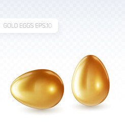 Two golden eggs in different positions isolated on transparent background for Easter day
