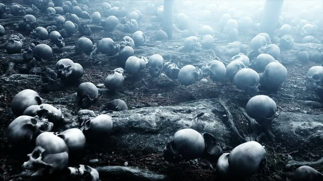 Scary old skulls in fog night forest. Fear and horror. Mistic and apocalypse concept. Realistic 4K animation.