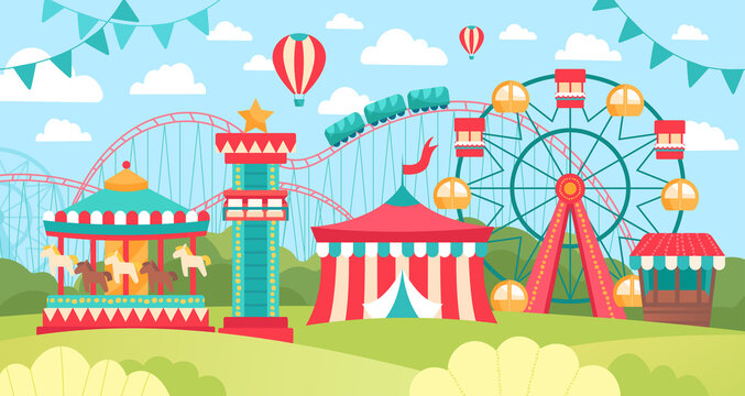 Brightly colored scene in an amusement park or fairground with ferris wheel, carousel and marquis on a sunny day, colored vector illustration