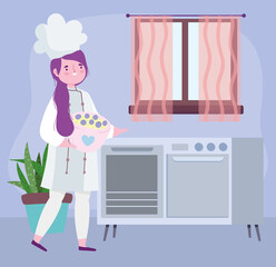 stay at home, female chef with dessert in bowl cartoon, cooking quarantine activities