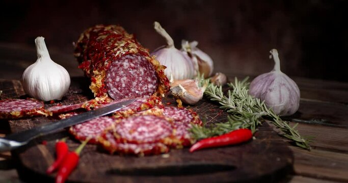 Slices of salami with chilli and garlic slowly rotate.