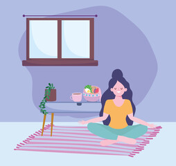 stay at home, girl sitting on floor with food in table cartoon, quarantine activities