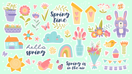 Set of pretty pastel spring icons with flowers, birds, insects, rainbow and sun on a light green background with text in an education concept, colored vector illustration