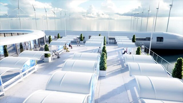 People and robots. Sci fi station. Futuristic monorail transport. Concept of future. Realistic 4K animation.