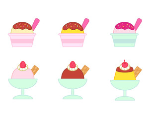 カップアイスクリームとウエハース付きアイスとプリンのかわいいイラストセット