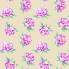 Seamless watercolor pattern with flowers. Hand-painted background of peonies for textile, postcard, invitation. Hand drawn watercolor ornament.