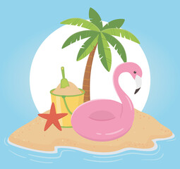 summer travel and vacation float flamingo sand bucket shovel palm tree
