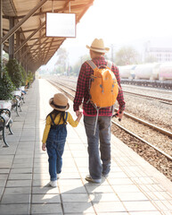 Family, father and daughter, travel backpack
