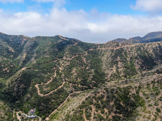 Fototapeta na wymiar Aerial view of hiking trails on the top of Santa Catalina Island mountains. California, USA