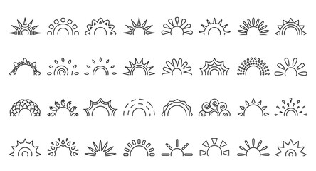 Black line half sun icon set. Logo blank frame for tattoo. Simple outline different shape. Design logotype element sunlight symbol morning, weather for web or app Isolated on white vector illustration