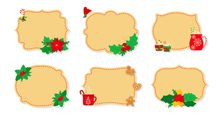 Christmas label and tag beige flat set. New Year tags decorated objects, holly mistletoe, candy cookies toys, candle. Cartoon holiday collection christmas patch labels collection. Vector illustration