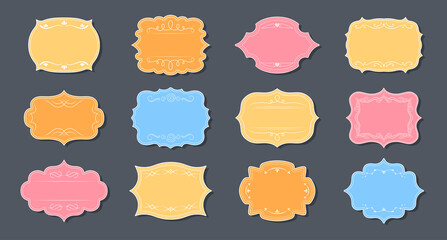 Label ornamental color craft frames set. Elegant royal ornate sticker tag. Decorative vintage empty curly frame collection. Divider curl and swirl calligraphic elements. Isolated vector illustration