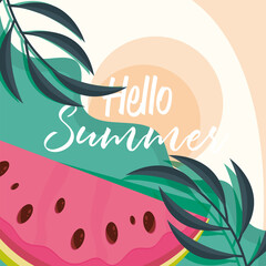 hello summer travel and vacation season, slice watermelon leaves tropical, banner lettering text