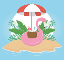 summer travel and vacation float flamingo cocktail umbrella foliage tropical beach island