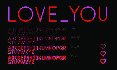 Two colored rounded, monospace Love You font family alphabet in red and pink on black background, in light, regular, medium, bold cut. 