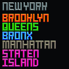Custom display logo font of New York and the five boroughs in roman style stone carving and grey, orange, green, blue and magenta color on black background