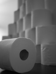 Toilet paper in front of a pyramid of toilet paper in black and white