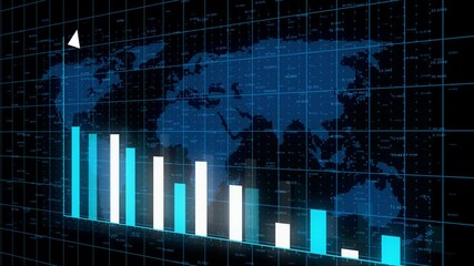 4k HUD graph with fall down arrow and bar stats;Financial data;diagrams showing a economic recession in profits;digital data wall with world map;Global economy;financial crisis. - Powered by Adobe