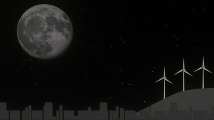 Fototapeta na wymiar 風力発電の見える夜の風景、３Dレンダリング