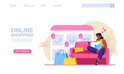 A woman sitting on a couch, shop at online store . The product catalog on the web browser page. Online shopping concept vector illustration, perfect for web design, banner, mobile app, landing page. 