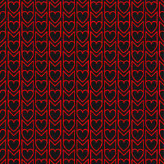 Simple, repetitive, seamless red line heart and letter M shape pattern on black background