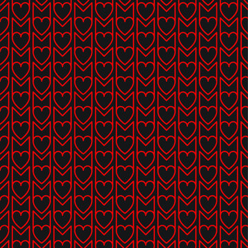 Simple, repetitive, seamless red line heart and letter M shape pattern on black background