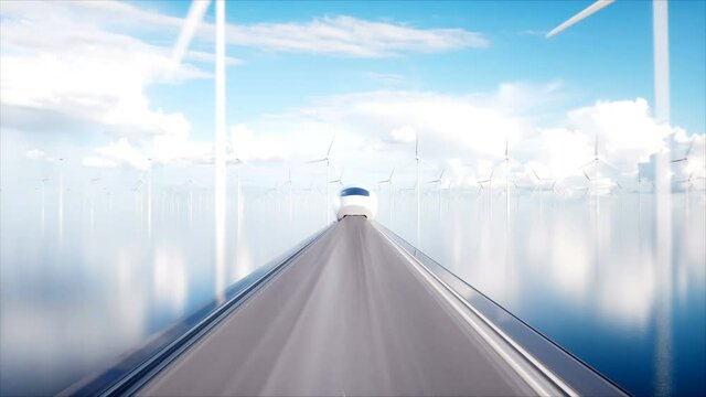 speedly Futuristic monorail train . Concept of future. People and robots. Water and wind energy. Realistic 4K animation.