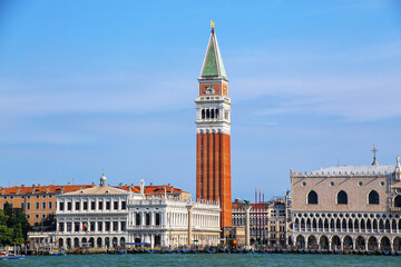 Fototapeta na wymiar View of Piazza San Marco with Campanile, Palazzo Ducale and Biblioteca in Venice, Italy