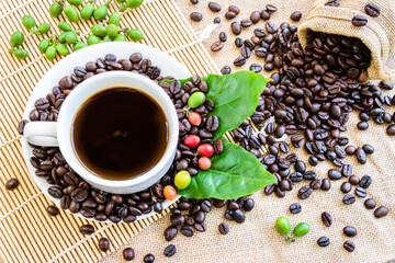 Cup of coffee and coffee beans