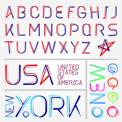Custom handmade vector line font design in the colors of the American flag, blue and red, with dimensional overlaps and pointy endings. 