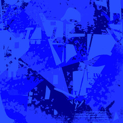 Abstract overlapping blue tones artistic vector pattern artwork with distressed edges and halftone printing details