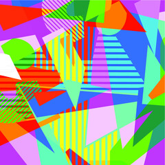 Eighties Shapes abstract pattern design with triangles, circles, stripes, and squares in different neon, pop colors