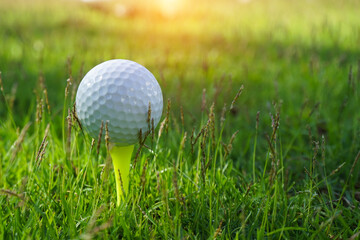 Golf ball on tee in the evening golf course with sunshine background
