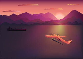 Flat art illustration showing sunset at sea, mountains, small hydro airplane and a dry cargo ship in deep sunset and sunrise colors.