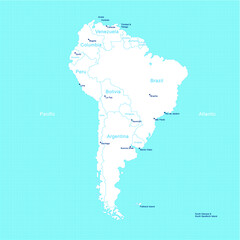 Isometric South America Map on a grid with country borders, country names and metropolitan areas, capitals in white on blue background. Great use for financial, political content.
