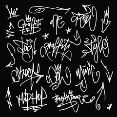 Vector Graffiti Tags in black and white, symbolizing street art, urban culture, and writing on the wall