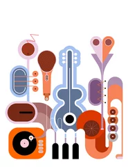 Keuken achterwand Abstracte kunst Vlakke stijl gekleurd ontwerp geïsoleerd op een witte achtergrond Muziekinstrumenten vector illustratie. Kunstcompositie van gitaar, saxofoon, pianotoetsenbord, trompet, microfoon en grammofoon.  ©  danjazzia