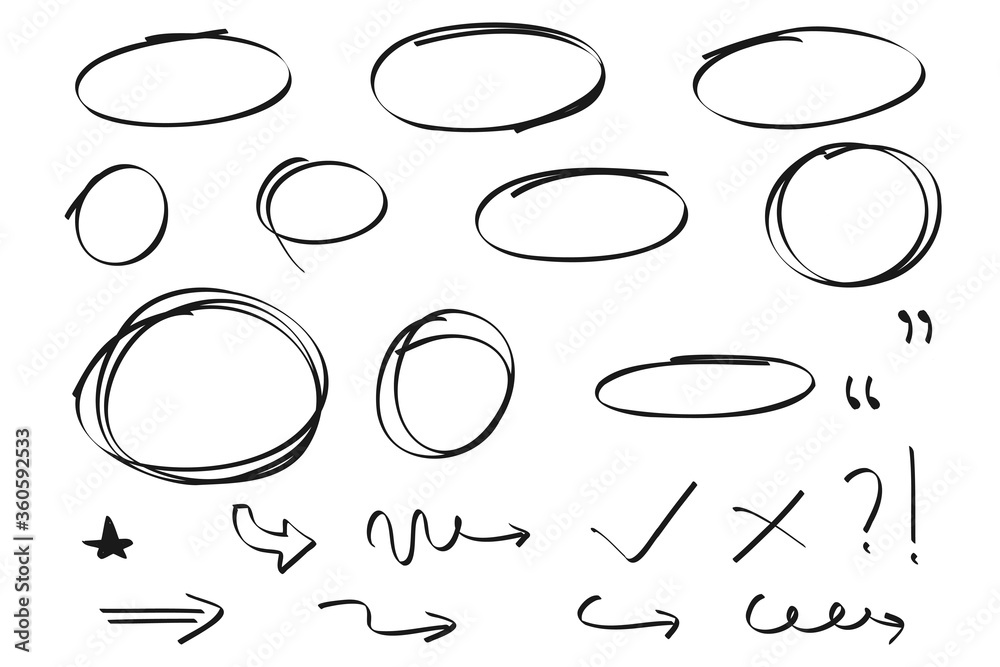 Fototapete hand drawn circle and arrow line for highlighting text. rounds bubbles set doodle sketch symbols on 